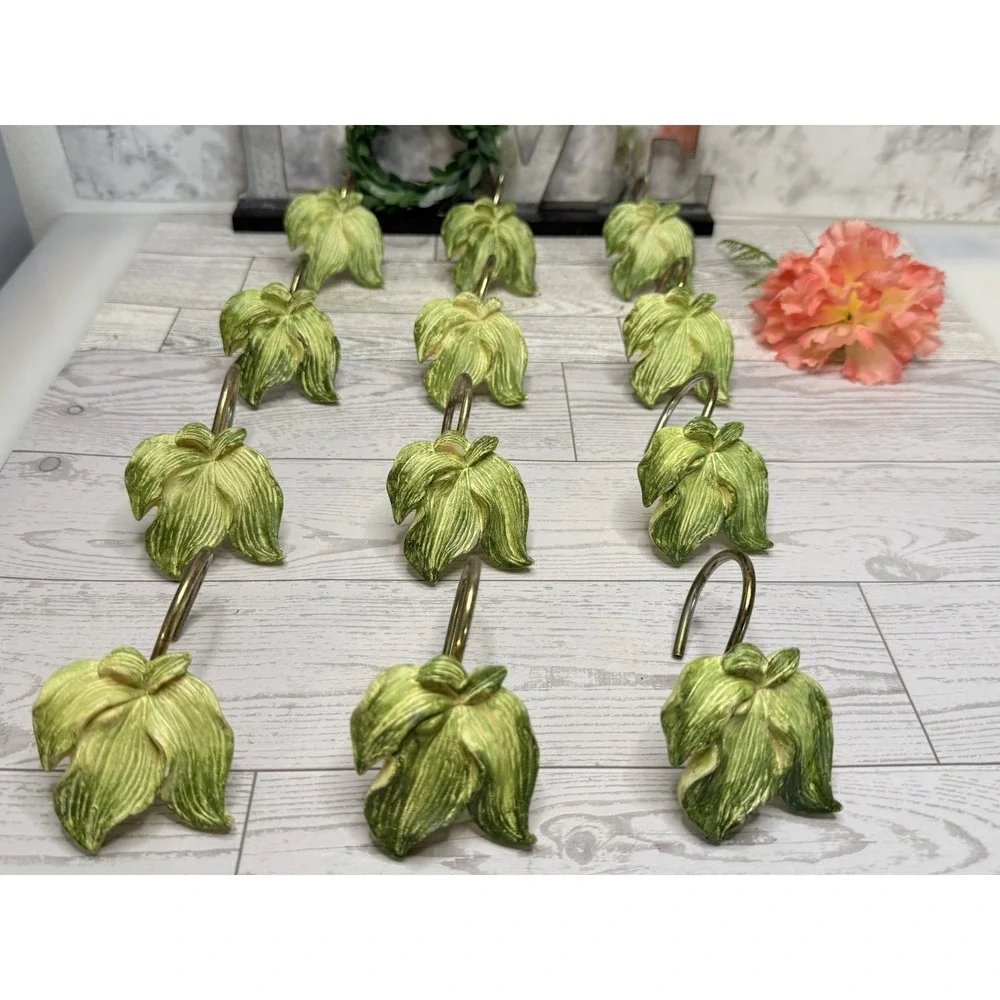Set of 23 Green Leaves Shower Curtain Hooks Vintage Gold Tone Metal‎ Nature GUC